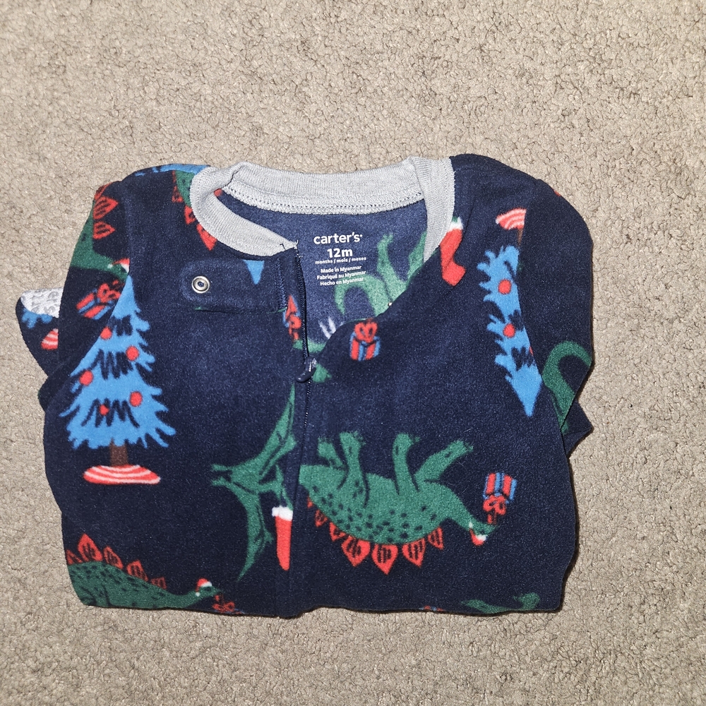 Carter's Navy and Green Dinosaur Fleece Onesie 12 Month